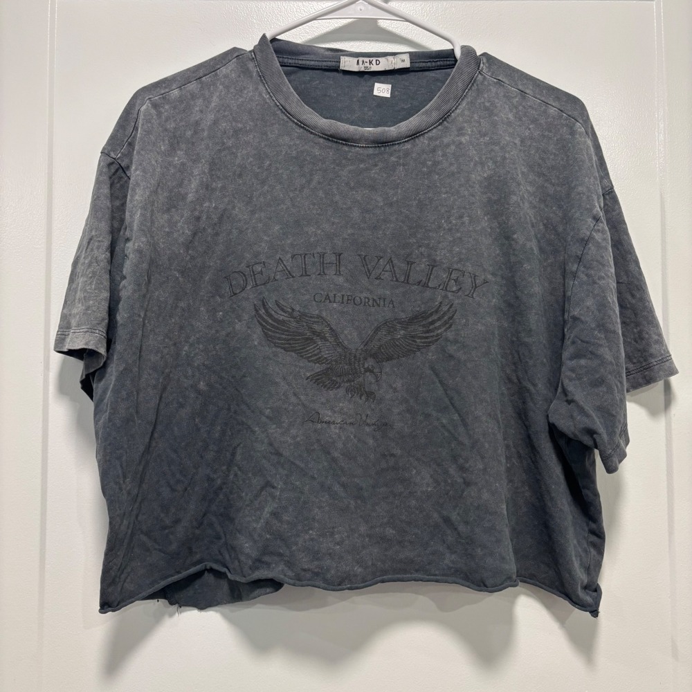 NA-KD Death Valley‎ California Eagle Graphic Acid Wash Cropped T-Shirt Grey M
